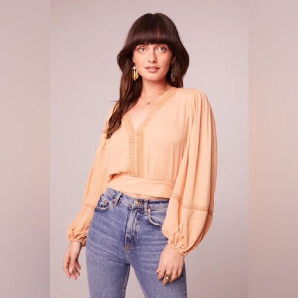 NWT Band Of The Free BRIE LIGHT CAMEL LONG SLEEVE TOP Bohemian Bell Sleeve Lace - Picture 1 of 5